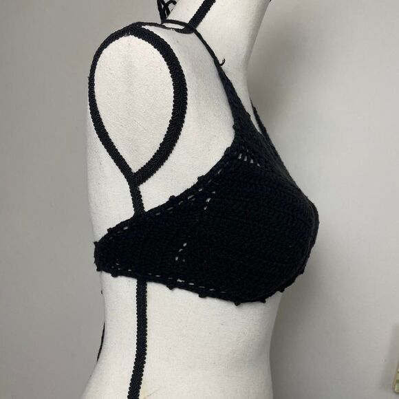 The Bikini Lab Black Crochet High Neck Halter Top Bikini Top Size Medium - Picture 2 of 8